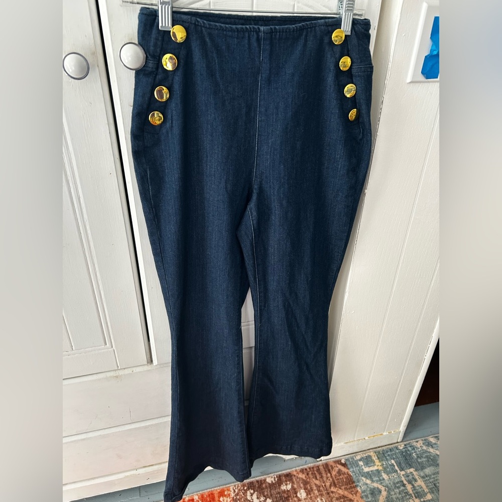 EUC INC DESIGN Gold Button Dark Blue Jeans Pull-On Flare Wide Leg ๐TRENDY! - Picture 15 of 16